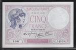 5 Francs 26.10.1939 FRANCE  . VIOLET. Alphabet:  G.64999  . Gutes vorzüglich (ohne Löcher)