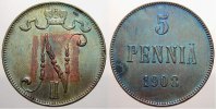 Russland Zar Nikolaus II. 1894-1917. 5 Penniä 1 1908  F Sehr schön-vorzüglich
