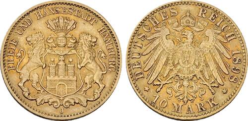 Hamburg 10 Mark 1898 J VF