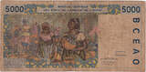 West African States 5000 Francs Banknote, Undated (1992), KM:113Aa VF(20-25)