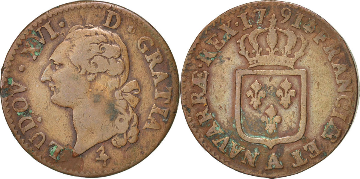 France 1791 A Coin Louis XVI Sol ou sou Paris Copper EF 40 45