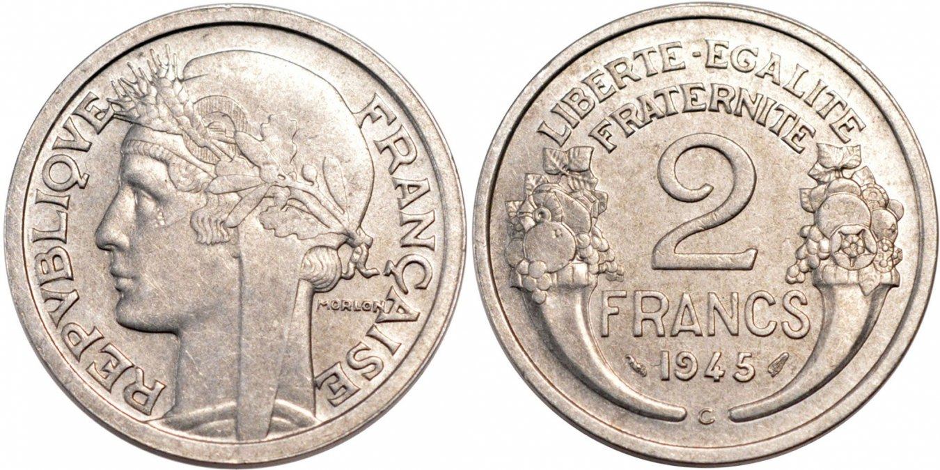 France 2 Francs 1945 C Coin Morlon Castelsarrasin Aluminum AU