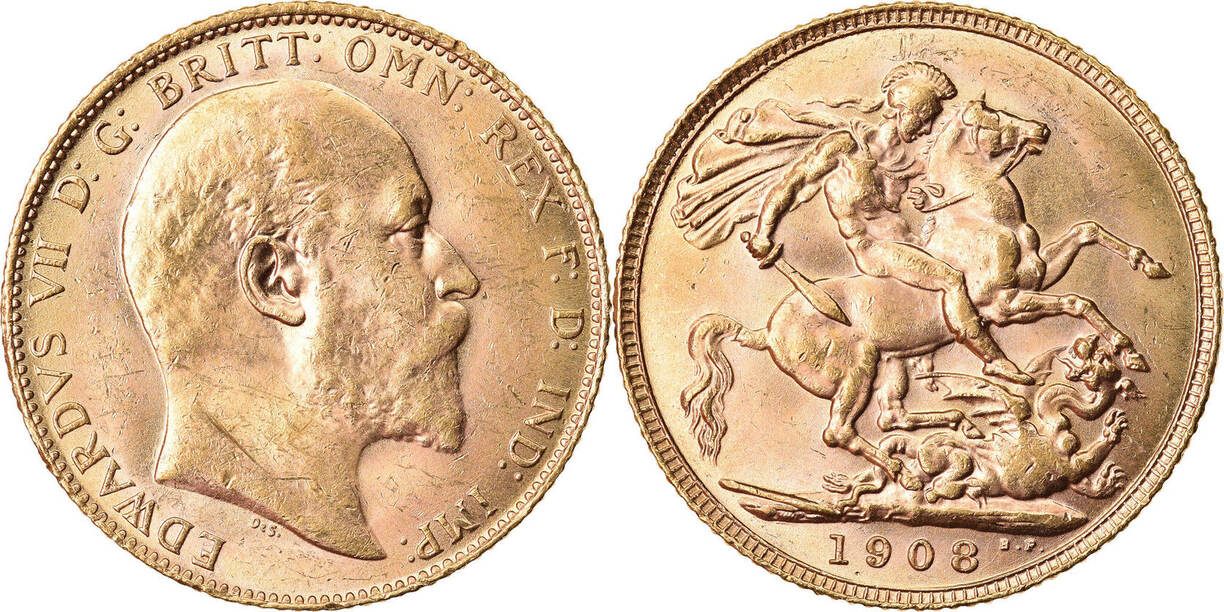 Great Britain Sovereign 1908 Coin, Edward VII, Gold, KM805 MS(63) MA