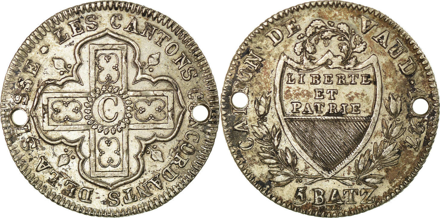 SWISS CANTONS 5 Batzen 1827 Coin, VAUD, Silver, KM:21.2 AU(50-53