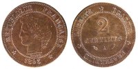 France 2 Centimes Coin, Cérès, Paris, Bronze, Gadoury:105 -
