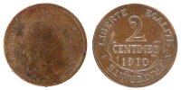France 2 Centimes Coin, Dupuis, Paris, Bronze, Gadoury:107 -