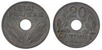 France 20 Centimes Coin, État français, Paris, Zinc -