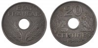 France 20 Centimes Coin, État français, Paris, Zinc -