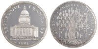France 100 Francs Coin, Panthéon, Paris, Silver -