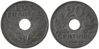 France 20 Centimes Coin, État français, Paris, Zinc -