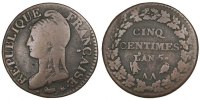 France 5 Centimes Coin, Dupré, Metz, Bronze, Gadoury:126 -