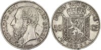 Belgium 50 Centimes Coin, Leopold II, Silver -