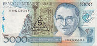 Brazil 5 Cruzados Novos on 5000 Cruzados Banknote, Undated (1989), KM:217a -