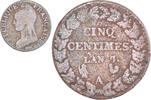 France 5 Centimes Coin, Dupré, Paris, Copper, Gadoury:126 -