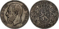 Belgium 5 Francs, 5 Frank Coin, Leopold II, Silver, KM:24 -