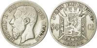Belgium 50 Centimes Coin, Leopold II, Silver, KM:26 -