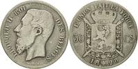 Belgium 50 Centimes Coin, Leopold II, Silver, KM:26 -