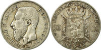 Belgium 50 Centimes Coin, Leopold II, Silver, KM:27 -