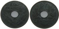 France 20 Centimes Coin, État français, Paris, Zinc -