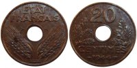 France 20 Centimes Coin, État français, Paris, Zinc -