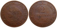 France 2 Centimes Coin, Cérès, Paris, Bronze, Gadoury:105 -