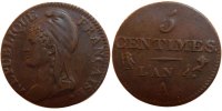France 5 Centimes Coin, Dupré, Paris, Bronze, KM:635.1 -