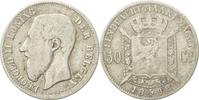 Belgium 50 Centimes Coin, Leopold II, Silver, KM:27 -