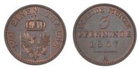 German States 3 Pfennig Coin, PRUSSIA, Wilhelm I, Copper -