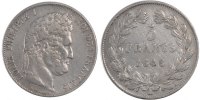 France 5 Francs Coin, Louis-Philippe, Bordeaux, Silver -