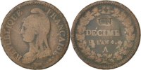 France Decime Coin, Dupré, Paris, Bronze, KM:637.1 -