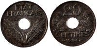 France 20 Centimes Coin, État français, Paris, Zinc -