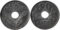 France 20 Centimes Coin, État français, Paris, Zinc -