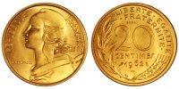 France 20 Centimes Coin, Aluminum-Bronze, Gadoury:332 -