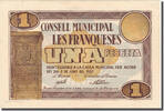 Spain 1 Peseta Banknote, LES FRANQUESES, Blason, 1937 -