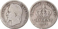 France 50 Centimes Coin, Napoleon III, Paris, Silver -