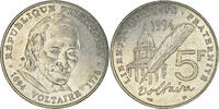 France 5 Francs Coin, Voltaire, Paris, fautée - désaxée -