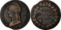 France 5 Centimes Coin, Dupré, Paris, error partial collar strike -