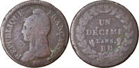 France Decime Coin, Dupré, Strasbourg, Bronze, KM:644.4 -