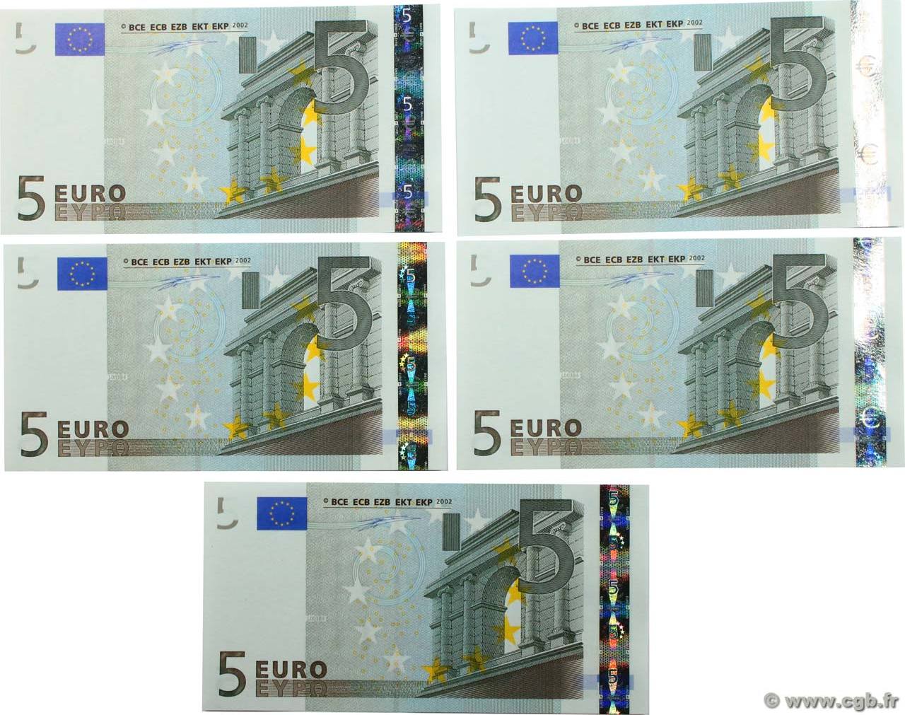 Как выглядят старые и новые евро EUROPA 5 Euro Consécutifs 2002 UNC MA-Shops