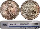 FRANCE 50 centimes Semeuse III REPUBLIC Paris 1907 (18mm, 2,50g, 6h) -