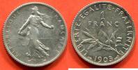 Französische Dezimalmünzen 1 FRANC TROISIEME REPUBLIQUE 1871-1940 SEMEUSE EN ARGENT 1903 POIDS 4.98g * / N° CATALOGUE : G467 -