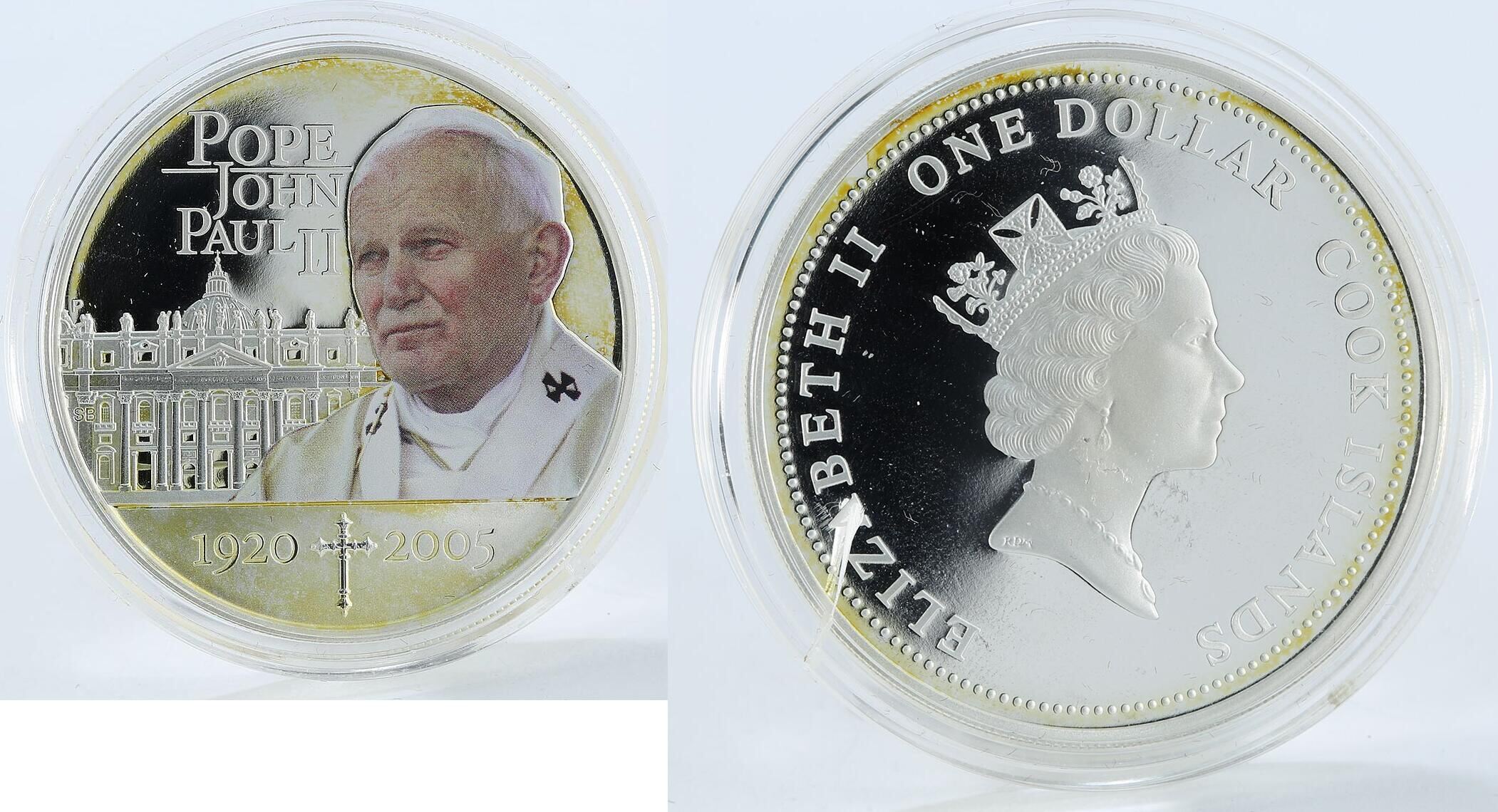 2005 Cook Islands 1 dollar Pope John Paul II 1920-2005 Silver Coloured ...