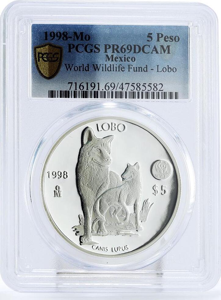 Mexico 5 pesos World Wildlife Fund Wolf Lobo Fauna PR69 PCGS