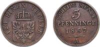 Germany 3 Pfenninge Germany Kingdom of Prussia German states 1867 A 3 Pfennigs - William I Copper Berlin Mint 4.5g XF AKS 106 Old/Mue 2 424, 427, 43 -