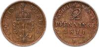 Kingdom of Prussia 2 Pfenninge Germany Kingdom of Prussia German states 1871 B 2 Pfennigs - William I Copper Hanover Mint 2.88g XF AKS 107 Old/Mue 2 425, 428, -