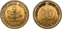 Federal Republic of Germany 10 Pfennigs Germany Federal Republic of Germany 1950 J 10 Pfennigs Brass clad steel (90% Iron, 10% Brass) (402452000) 4.06g UNC KM 108 J 383 -