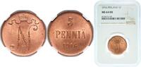 Finland 5 Pennia Finland Grand duchy 1916 5 Penniä - Nikolai II Copper Mint of Finland Mint (4470000) 6.4g NGC MS 64 KM 15 Schön 8 Kahnt/Schön 2 -