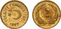 Turkey 5 Kuruş Turkey Republic 1949 5 Kuruş Brass (70% Copper, 30% Zinc) Turkish State Mint (4500000) 2.23g XF KM 887 Schön 399 -
