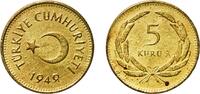 Turkey 5 Kuruş Turkey Republic 1949 5 Kuruş Brass (70% Copper, 30% Zinc) Turkish State Mint (4500000) 2.07g XF KM 887 Schön 399 -