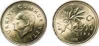 Turkey 2500 Lira Turkey Republic 1992 2500 Lira Nickel brass (69.5% Copper, 18% Zinc, 12% Nickel, 0.5% Manganese) Turkish State Mint (48804000) 9 -